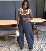 Stitching Lace-up Crop Top and Wide Leg Pants Set